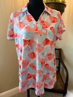 Pebble Beach   Floral Print Collared Polo Golf top  in Coral & Aqua